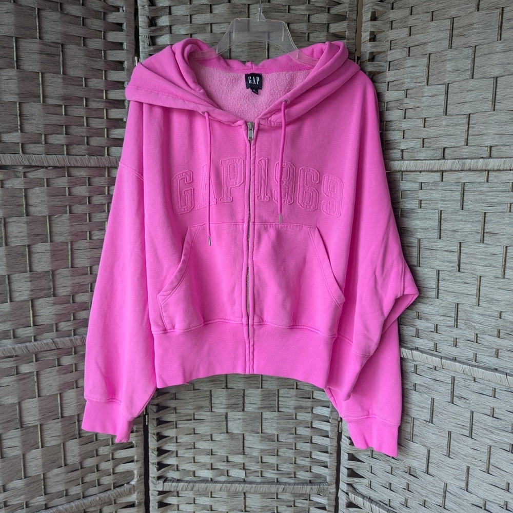Gap Hoodie Hot Pink 1969 Logo Zip Up Fleece Sweatshirt Women Sz XL Lounge Retro
